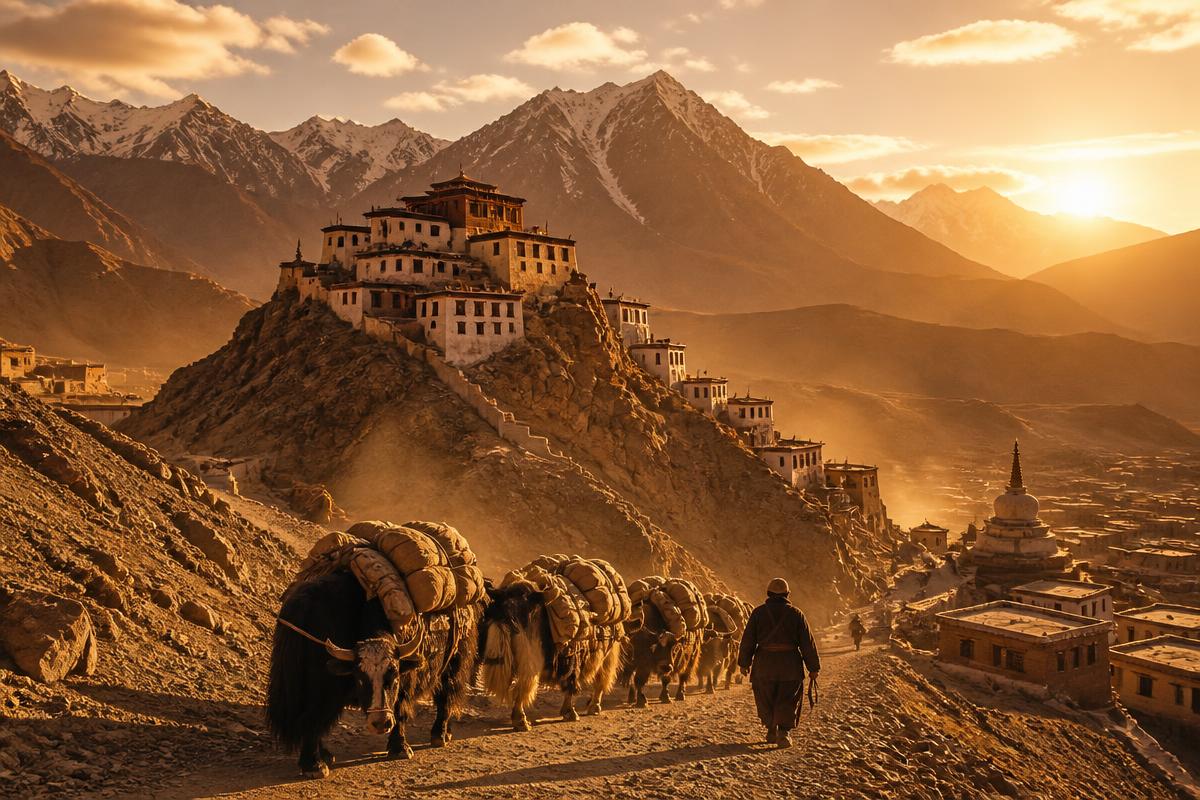 Caravan approaching a hilltop monastery in Ladakh at golden hour